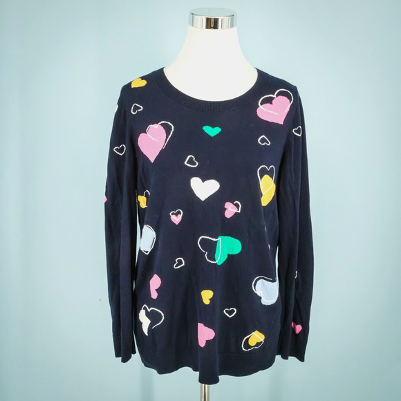 Talbots Plus Size X 0X Blue Tossed Hearts Print Crew Neck Long Sleeve Sweater - Picture 1 of 5